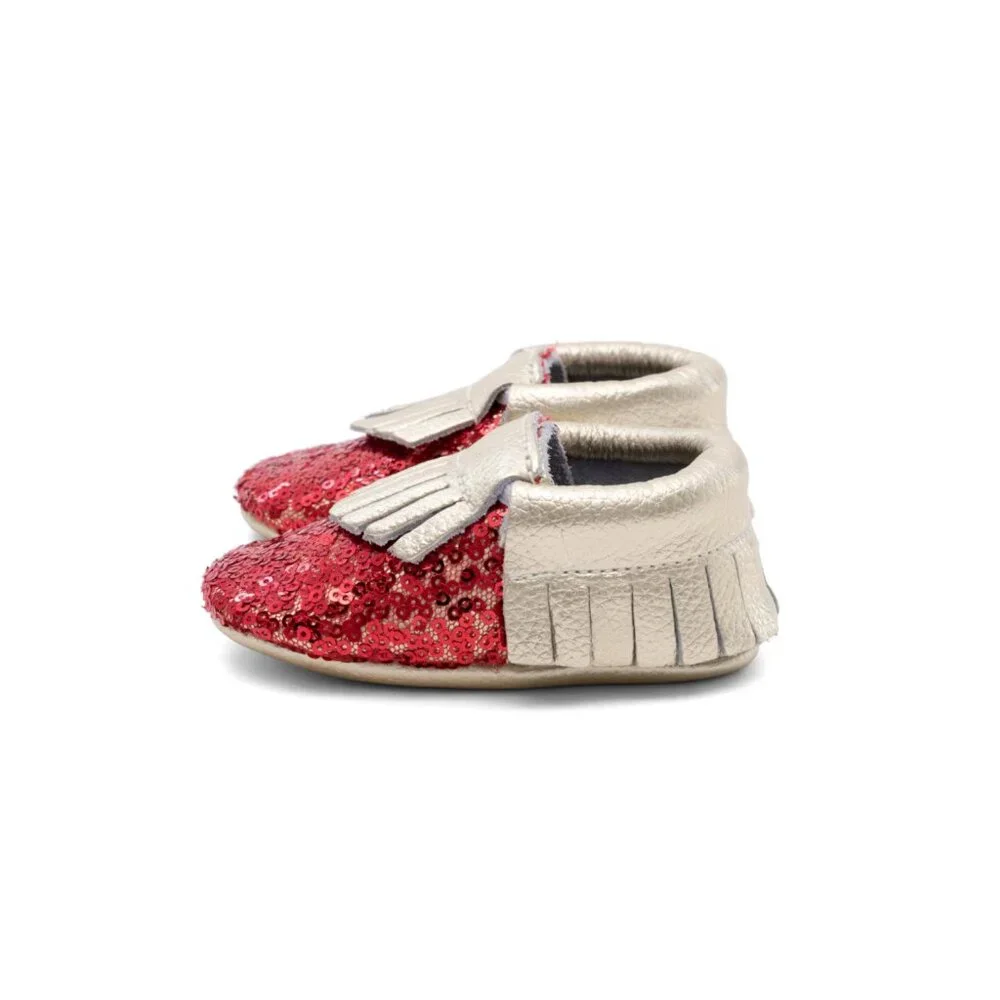 MAC&LOU Leather Baby Moccasins: Red Sequin Fringe Booties
